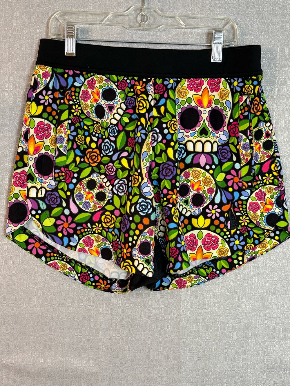 Tachuntfish Day of the Dead Floral Skull Athletic Shorts — Black Multicolor